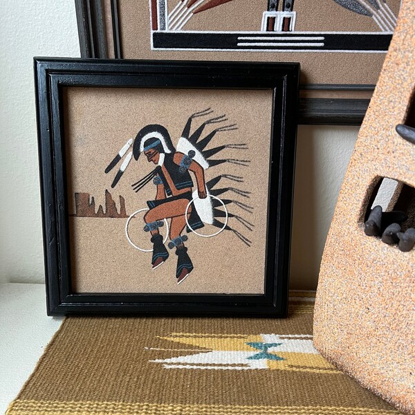 Vintage Edgar Josea Native American Sand Painting "Hoop Dancer" Black Wood Frame 9" x 9", Southwest Navajo Spiritual Sand Art Plaque