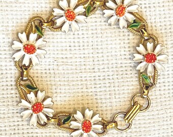 Vintage Mid Century Enameled Daisy Link Bracelet, 7 1/2" Gold Toned Metal Jewelry, Gold White Orange and Green