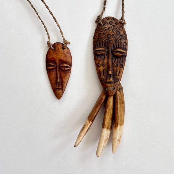 Vintage AFRICAN MASK INSPiRED NECKLACES Set of 2 Carved Bone Shaman Face Pendants, Twisted Plant Fiber Cord, 15" & 13" Lengths, Tribal Art