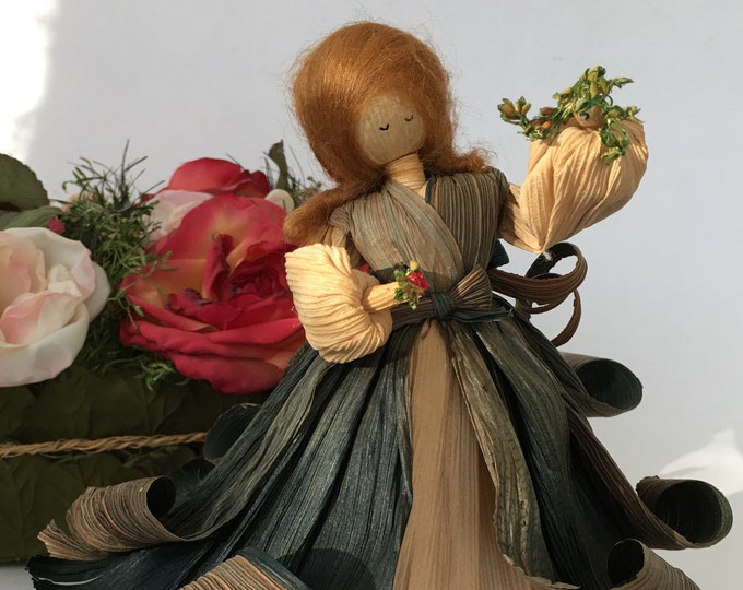 Vintage NAN'S CORN HUSK Doll, 1988 Midnight Blue and Beige Dress