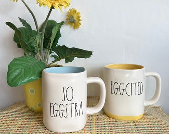 Vintage Rae Dunn SO EGGSTRA & EGGCITED Mugs Coffee Tea Cups, Set of 2, Cream w/ Dark Letters, Yellow Blue, Magenta Artisan Collection