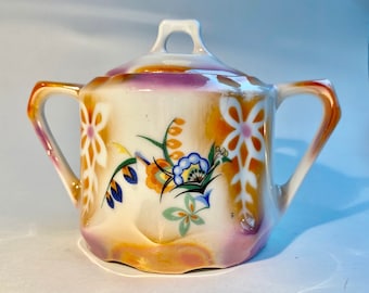 Vintage GERMANy SUGAR BOWL with Lid #659 3,  Porcelain Dinnerware, 4" H Purple Orange Lusterware On White with Floral Bouquet