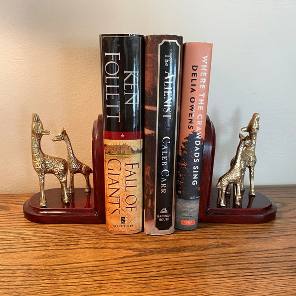 Vtg Rosenthal-Netter BRASS GIRAFFES & Wood BOOKENDS 6" H, Two Mid-Century Library Office Desk Bookends, Recently Polished, Repub of Korea