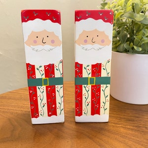 Vtg SANTA CANDLESTICK HOLDERS Set of 2 Painted Wooden 4-Sided Christmas Candle Holders, Festive Decorative Holiday Design, Whimsical Santa!