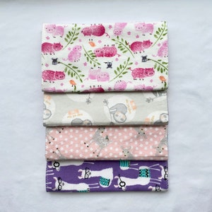 BABY GiRL BURP CLOTHS 4-Pack 100% Cotton Flannel, Soft, Colorful, Reversible, Absorbent, Hanging Sloths Deer & Bird Pigs Llamas Polka Dots