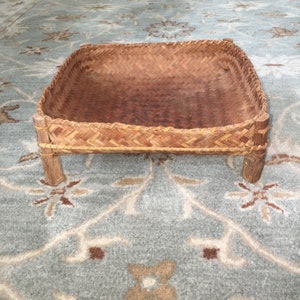 Vintage ASIAN Woven Footed Tray Basket on Four Corner Legs, Intricate and Detailed Natural Native Reed Grass Bamboo, 12&quot; Square and 4&quot; H