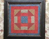 QUILTED Churn Dash Block Framed Under Glass, Textile Fiber Art Wall Decor, Blue Gold Rusty-Red Patchwork Wall Hanging, Sewing Room Decor