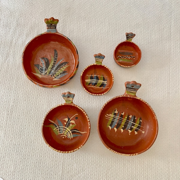 Vtg Mexican TLAQUEPAQUE Nesting Bowl Handled Redware Skillet, Decorative Folk Art Pottery, Mid Century Mexico Red Clay Ceramics 10" 8" 6" 5"