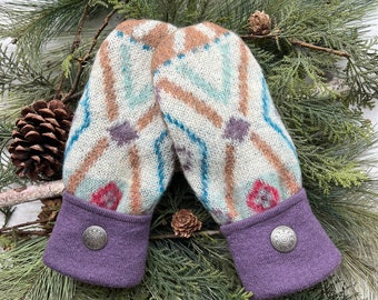 WOOL Sweater MITTENS, Southwest Colors & Design, Fleece-Lined, Etched Silver Button Cuffs, Upcycled Recycled Handmade Gift for Her, Sz M