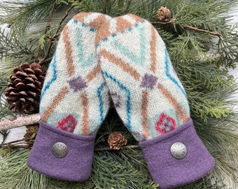 UPCYCLED WOOL Sweater MITTENS, Southwest Colors & Design, Fleece-Lined, Etched Silver Button Cuffs, Recycled Gift for Women or Teens, Sz M