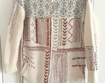 Vintage SUNDANCE KNIT Cream & Gray Wool Cardigan Coat Sweater, Red Gray Stitched Pattern, Long Sleeves, Snap Front, Long Sweater Jacket Sz S