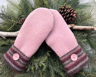 WOOL Sweater MITTENS, Pink Charcoal-Gray and Cranberry, Fleece Lined, Pink Button Cuffs, Upcycled Recycled Handmade Gift for Her, Size M