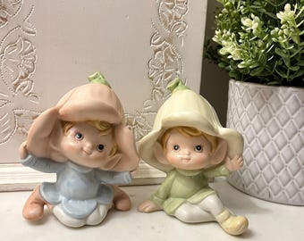 Vintage HOMCO Flower Pixie Elves Set of 2, Porcelain Collectible Figurines, DARLING!