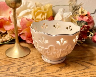 1980s LENOX PIERCED BOWL Fleur de Lis Collection, Cream Colored w/ Platinum Trim on Rim & Footed Base, 4" W Candy or Nut Bowl, Gift for Her