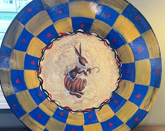 2005 PAUL MUNRO Wood Tray 14" Round Plate Bunny w/ Cane, Gold Brown Black Red & Royal Blue, Decoupage and Paint Artist Signed, Whimsical Art