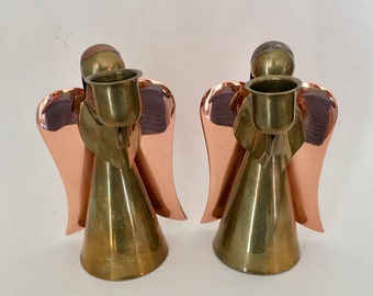 Vintage BRASS and COPPER CANDLESTICK Holder, Set of Two 6" Angel Figures Holding Up Bell Shaped Cups, Classic Fireplace & Christmas Decor