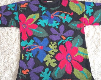 1990s HAND KNiT for THE LIMITED Sweater, Cotton Ramie Knit Floral Pullover, Multi Color Flowers on Black, Size P/S - M
