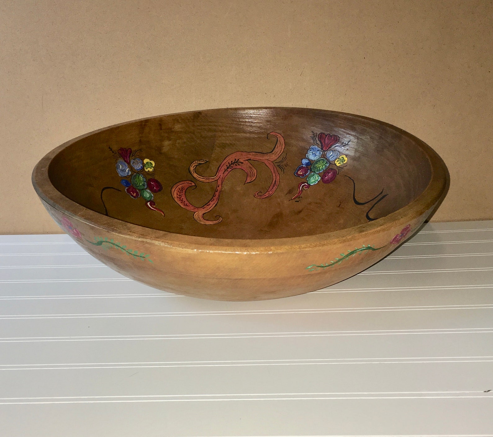 Vintage Large Wooden Bowl Handmade & Hand Painted Distressed Folk Art ...