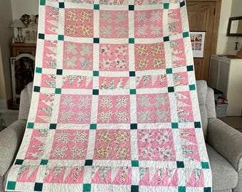 PATCHWORK QUILT Queen Full or Twin Features 12 Vintage Blocks, All-Cotton Pink Ivory Teal Multi-Colored Print Fabrics, 62x84” Bedspread NEW!