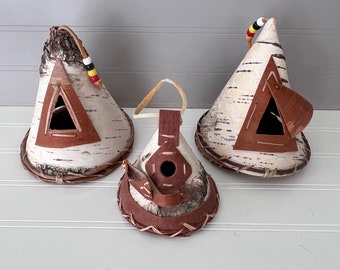 Vtg BIRCHBARK Teepees Birdhouse or Trinket Box or Diorama Item, Choice of 3, Handcrafted w/ Bark, Sinew, Sticks, Leather Strips, Pony Beads