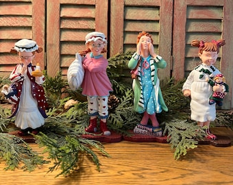 Vintage Department 56 ALL THROUGH the HOUSE Figurine, Mary Jo Shhh w/ Candle, Pamela Pillow Fight, Elizabeth Spies Santa, Sarah Kate & Andy