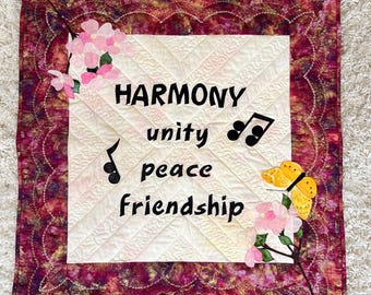 Quilted HARMONY UNiTY PEACE FRIENDSHIP Applique Wall Hanging 30" x 30", Pink Berry Gold and Cream with Flowers Butterfly and Musical Notes
