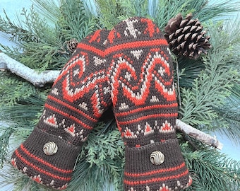 WOOL Sweater MITTENS Vintage Brown Orange Beige Nordic Design, Fleece-Lined & Warm, Button Cuffs, Upcycled Recycled Gift for Women Teen Sz M