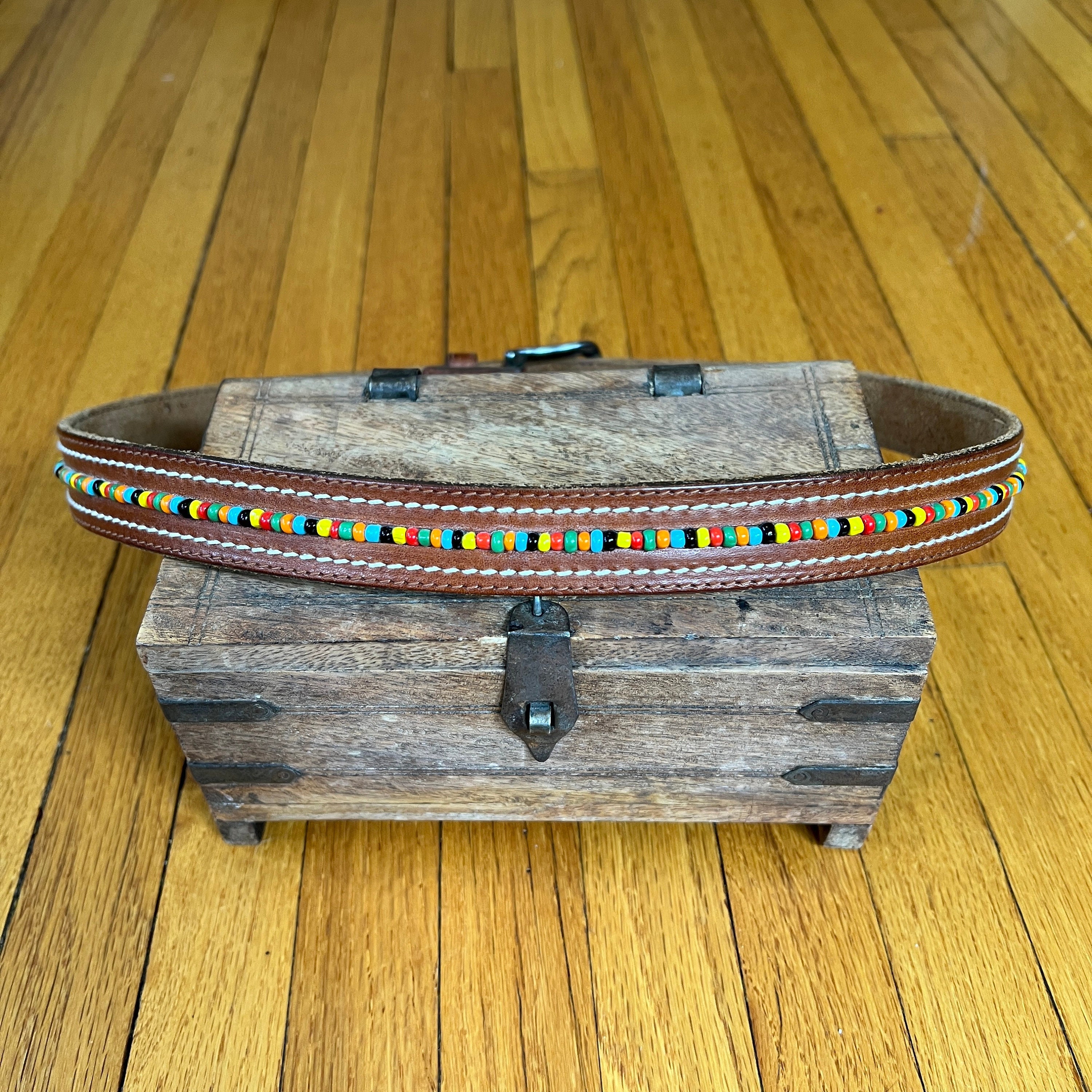 Vintage J CREW BEADED BELT Brown Leather W/ Multi Color 