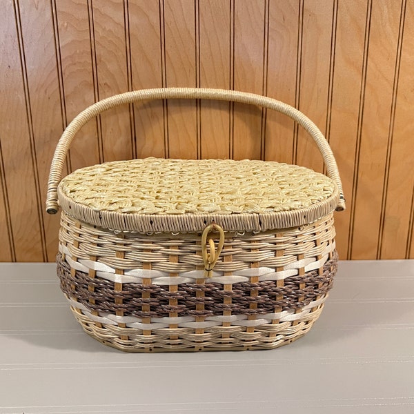 Vtg OVAL SEWING BASKET w/ Swing Handle, Ivory and Brown Rattan & Wicker Cord, Decorative Woven Ribbon Covered Lid, Made in Japan, 11-1/2" W