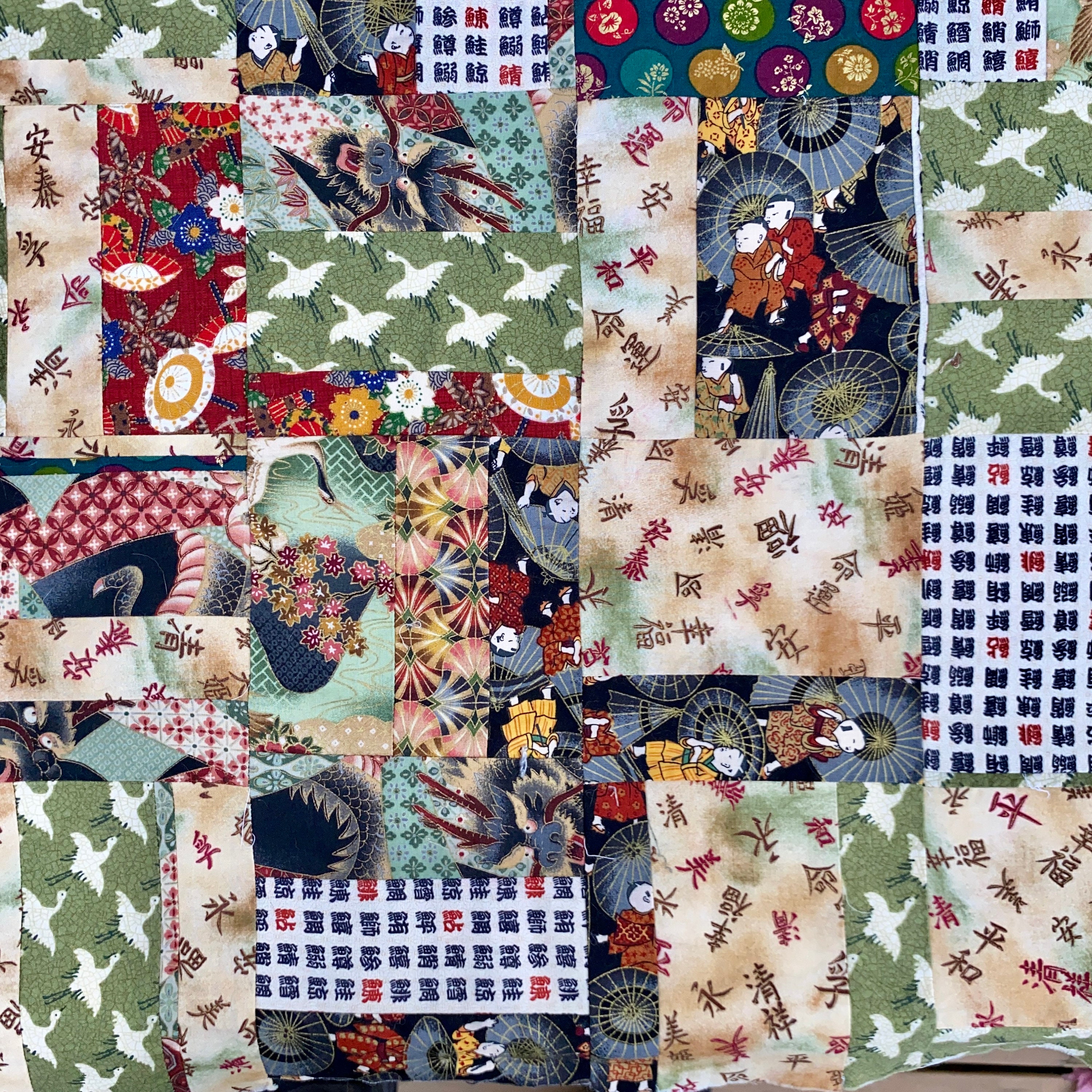 VINTAGE QUILT TOP Asian Inspired Fabrics Patchwork, 40