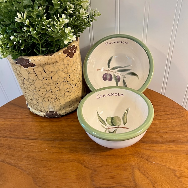 Vintage WILLIAMS SONOMA "Olive Grove" Bowls, 5" Provencal and 4" Cerignola, Set of 2 Nesting Ceramic Serving Dishes, Condiments/Nuts Bowls