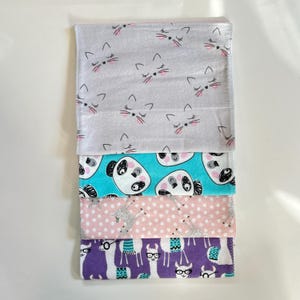 BABY GiRL BURP CLOTHS 4-Pack 100% Cotton Flannel, Soft, Colorful, Reversible, Absorbent, Fawns Llamas Pandas Sleeping Cats Polka Dots