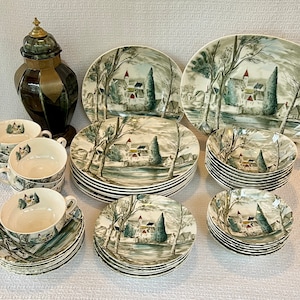 Vintage DREAM TOWN Johnson Brothers Dinnerware, 45 Pieces Oval Platter Bowls Plates Saucers Cups, Idyllic Village Scene Made in England