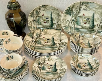 Vintage DREAM TOWN Johnson Brothers Dinnerware, 45 Pieces Oval Platter Bowls Plates Saucers Cups, Idyllic Village Scene Made in England