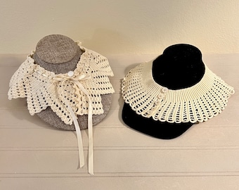 LACE COLLARS Ivory, Handmade, Your Choice: Round w/ Button Closures OR Pointed w/ Ribbon Closure, Vintage Victorian Style Detachable Collar