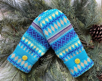 UPCYCLED WOOL Sweater MITTENS Nordic Design, Teal Purple & Yellow, Fleece-Lined, Vintage Button Cuffs, Recycled Gift for Women/Teens Size M
