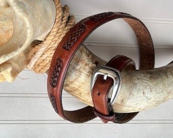 BRIGHTON BELT Brown Braided Leather 1-1/8" W x 40-1/2" L, Silver-Toned Buckle, Adjustable Waist, Western Cowboy Cowgirl Rodeo Wear Size 36