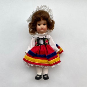 Vintage 8&quot; VOGUE DOLL 1972 in Traditional National Dress From European Country, Lace Hat, Brown Curls, Black Shoes, International Folk Doll