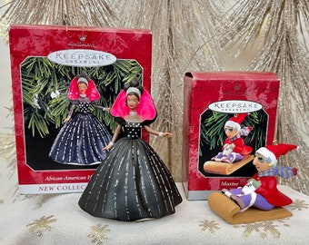 1998 HALLMARK KEEPSAKE ORNAMENt African-American Holiday Barbie 1st in Series OR Maxine/Toboggan, Original Box, Vtg Xmas Holiday Tree Decor