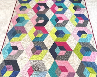 PATCHWORK QUILT 51 x 66" Modern Personal Size Throw All-Cotton Tumbling Blocks in Hexies, Day of the Dead Theme, Teal Berry Cheery Gift NEW!