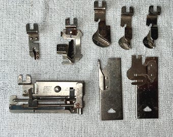 Vtg Attachments for NEW HOME Sewing Machine 1940s Model, Narrow Hemmer-15/16 Binder  & Tucker Marked Greist, 5/8 1/4 3/16 Binders, 2 Plates