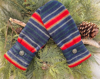 WOOL Sweater MITTENS Red Navy Gray Orange Stripe, Fleece Lined, Antique Brass Button Cuffs, Upcycled Recycled Gift for Her, Size M