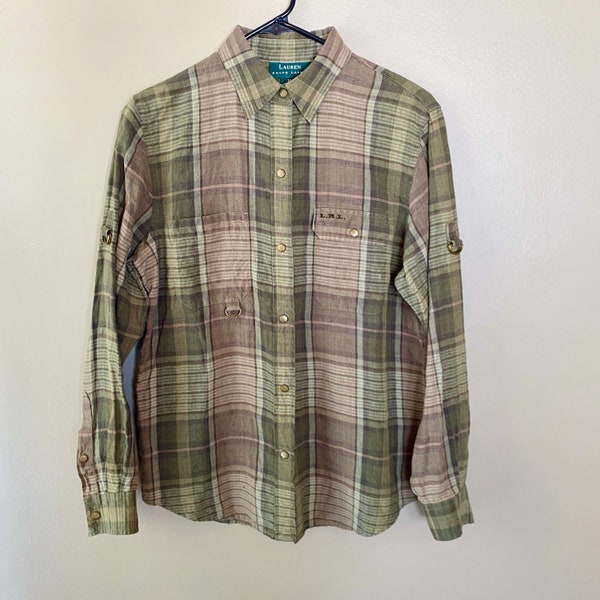 Vintage LAUREN RALPH LAUREN Linen Shirt, Shades of Green and Tan Plaid, Antique Brass-Toned Snap Closures, Pockets and Cuffs, Women's Size M