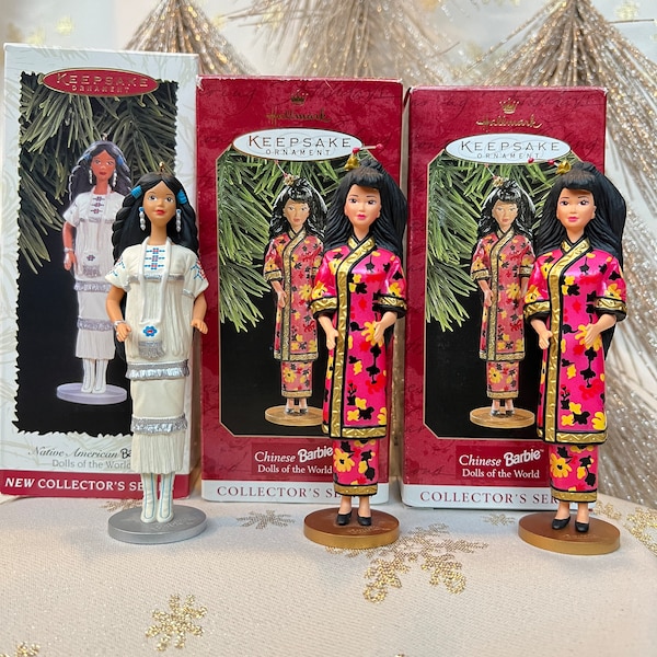 90s HALLMARK KEEPSAKE ORNAMENt 1996 Native American Barbie OR 1997 Chinese Barbie, Dolls of the World, Original Box, Vintage Christmas Tree