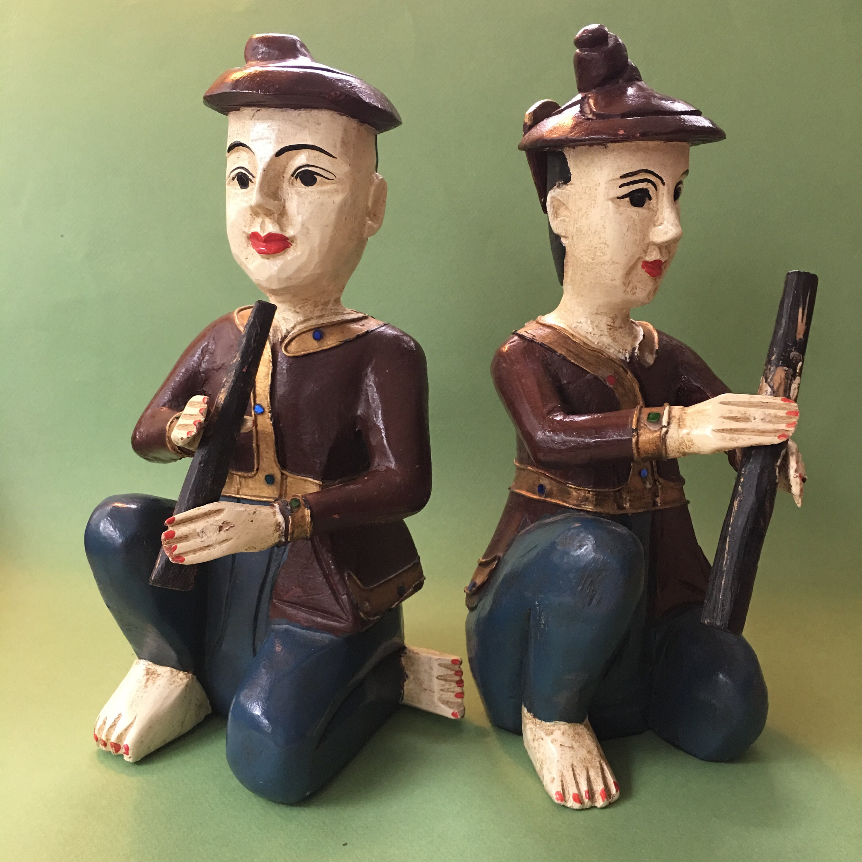 Vintage BURMESE THAI Musician Figures Hand Carved & Painted Etsy