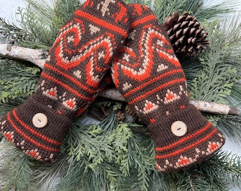 WOOL Sweater MITTENS Vintage Brown Orange Beige Nordic Design, Fleece-Lined & Warm, Button Cuffs, Upcycled Recycled Gift for Women Teen Sz M