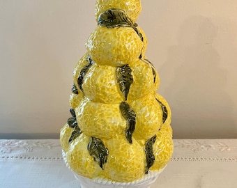 Vintage ITALIAN Majolica Lemon Topiary Centerpiece, 12" H Mid-Century Ceramic Home Accent, Hand Painted Fruit in Lattice Work Basket