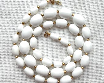 Vintage Monet White Bead Necklace: Long Gold Tone Costume Jewelry