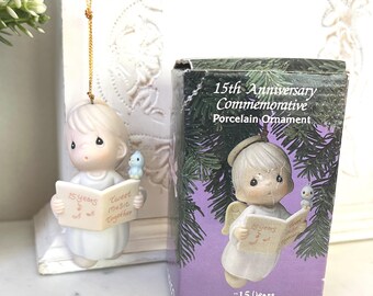 1992 PRECIOUS MOMENTS Angel with Book Ornament, 15th Anniversary Commemorative Porcelain, Enesco Original Box, Vintage Holiday Tree Decor