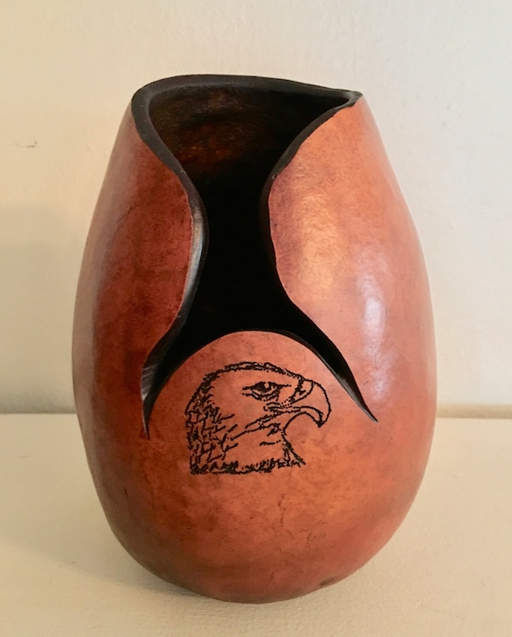 Vintage Eagle Gourd Art Pyrography Handmade Decorative Wood Burned Gourd Sculpture W Bald Eagle Hawk Artist Tjd Home Decor Vessel